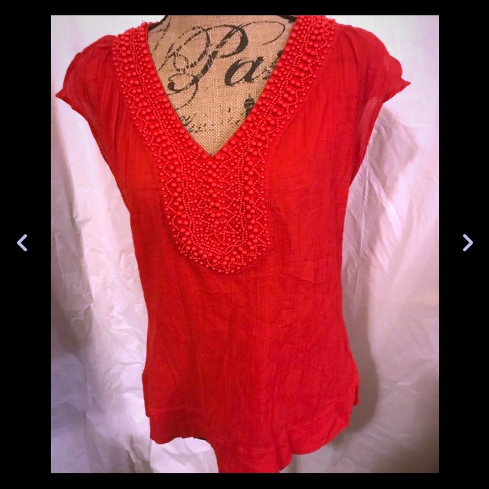 Banana Republic Red Beaded Split Cap Sleeve Blouse